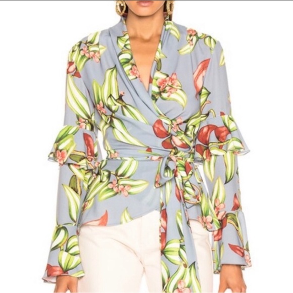 NWT PatBO Blue Zebrina Long Ruffle Sleeve Wrap Top - Picture 2 of 8